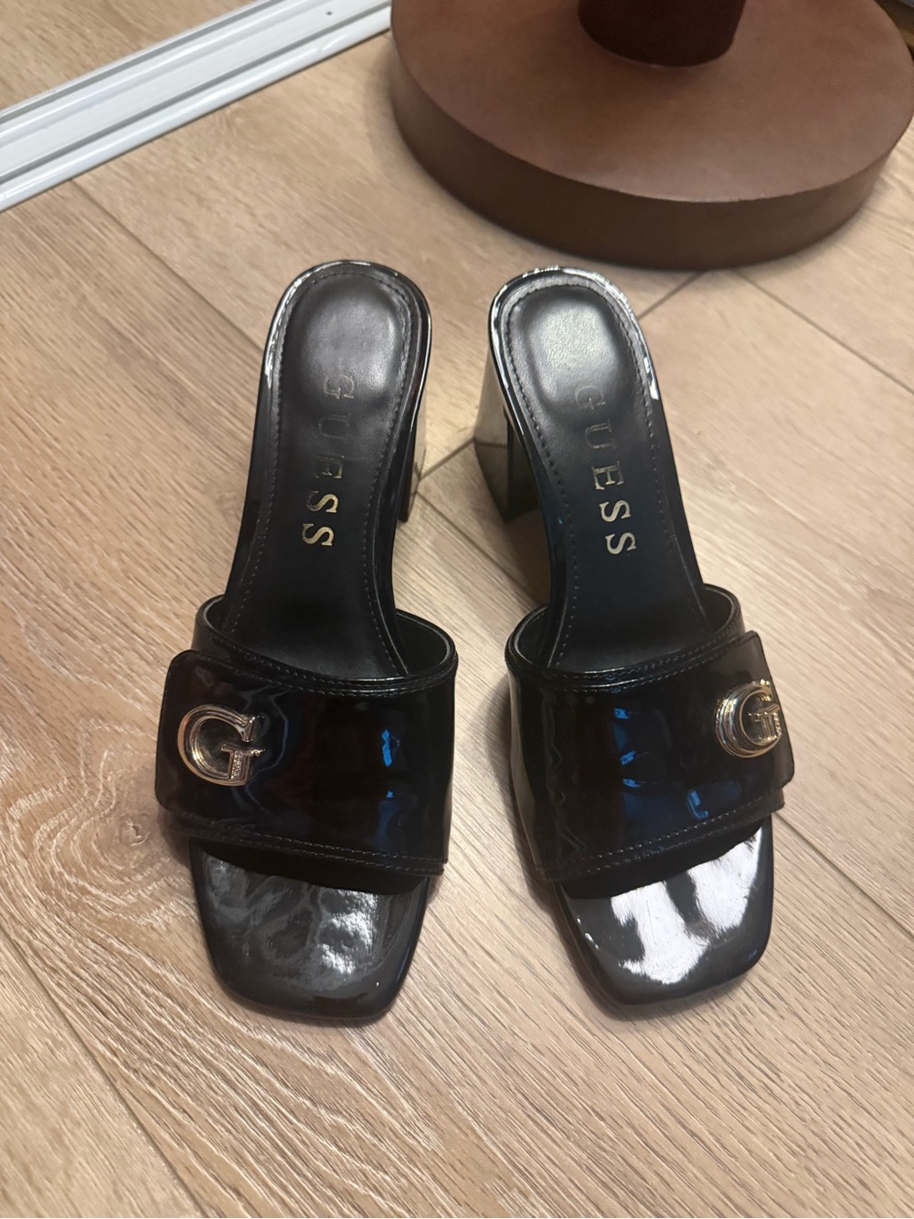 GUESS Black Patent Slide Mules with Gold G Accent